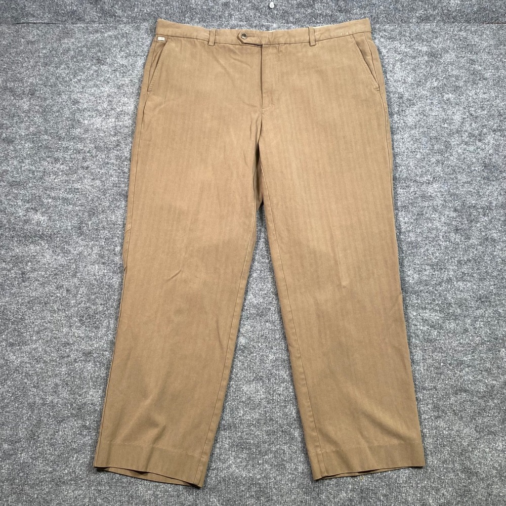 Tommy Bahama Mens 42x32 Tan Brown Silk Blend Herringbone Flat Front Pants